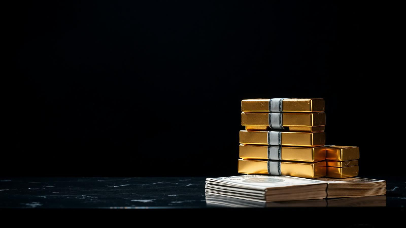 Gold bullion bars and coins beside a rising market chart