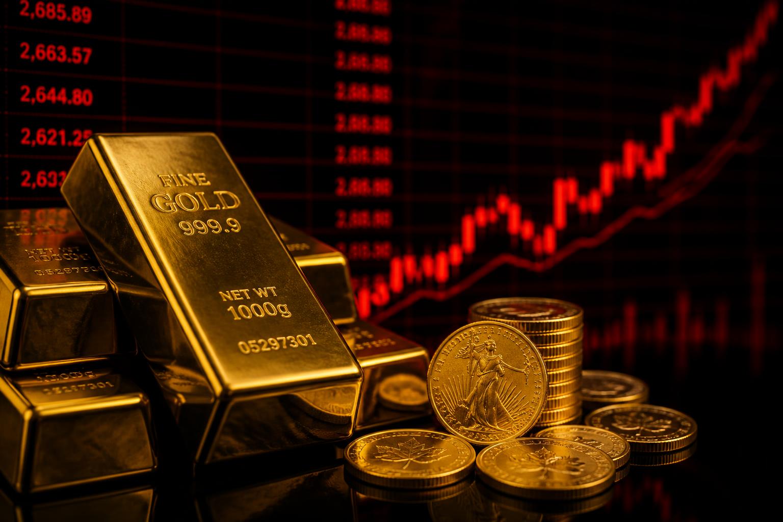 Gold bullion bars and coins beside a rising market chart